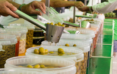 Different Types Of Olives At A Street Marketの写真素材