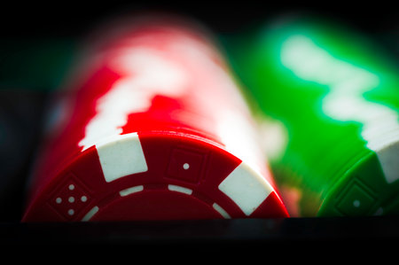 rows of red and green poker chipsの写真素材