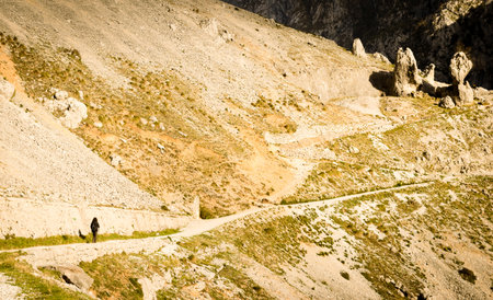 Hiking trail along the famous Cares river gorge, through the Picos de Europa, between Asturias and Leon, Spain.のeditorial素材