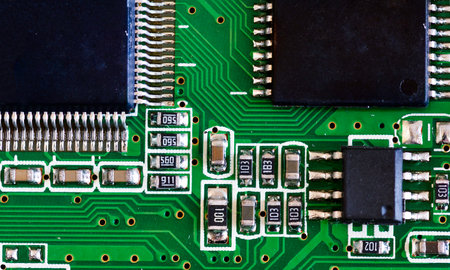 Electronic circuit board close up with processor. Small depth of field.