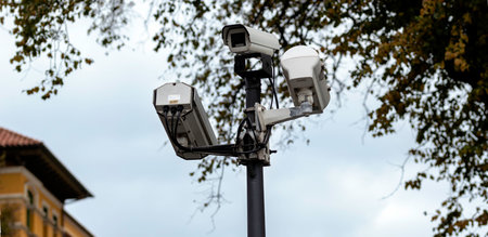 Security CCTV Cameras on a lamp post in the park.