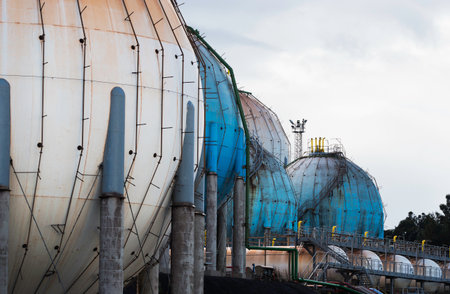 Spherical Natural Gas Tank in the Petrochemical Industry in daylight, Gijon, Asturias, Spain.のeditorial素材