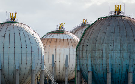 Spherical Natural Gas Tank in the Petrochemical Industry in daylight, Gijon, Asturias, Spain.のeditorial素材