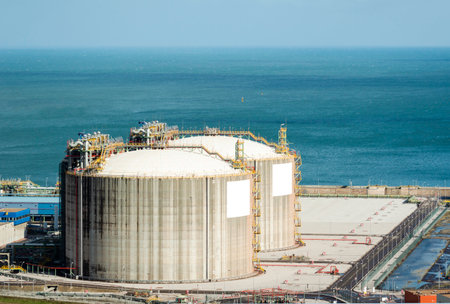 Natural Gas Tank in the Petrochemical Industry in daylight, Gijon, Asturias, Spain.のeditorial素材