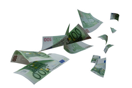 Large Number of Flying 100 Euro Banknotes in the Air Falling. High Detail image on white backgroundの写真素材