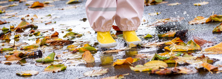 A young child with yellow boots splashes in a rain puddle with autumn leavesの写真素材