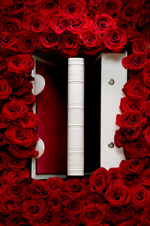 a lot of Red roses with white wedding book in a box
