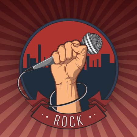 hand holding a microphone in a fist retro rock poster vector illustrationのイラスト素材