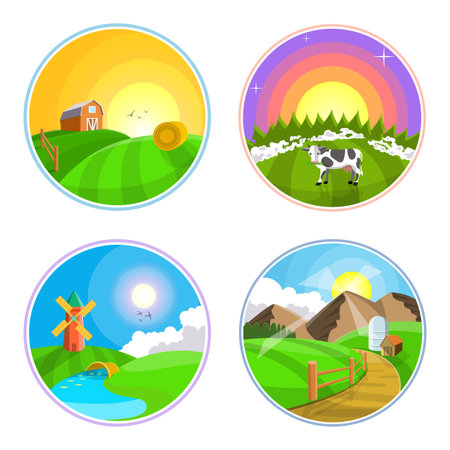 Countryside landscape with hay, field and village. Farm, rural landscape icon set. illustrationのイラスト素材