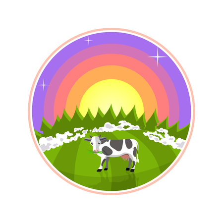 Cartoon illustration of rural areas. Cow in the field at sunrise. Foggy meadow with a cow, forest and sunのイラスト素材