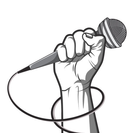 hand holding a microphone in a fist. illustration in black and white  style.のイラスト素材
