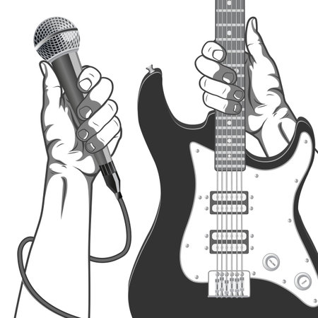 Hands holding a microphone and a guitar. Black and white vintage illustrationのイラスト素材