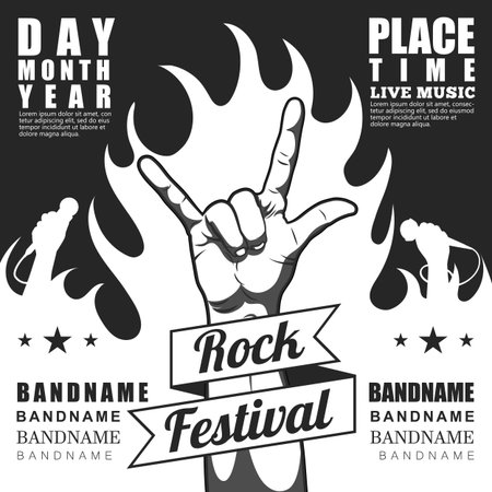 Rock festival poster, with rock n roll sign and fire.のイラスト素材