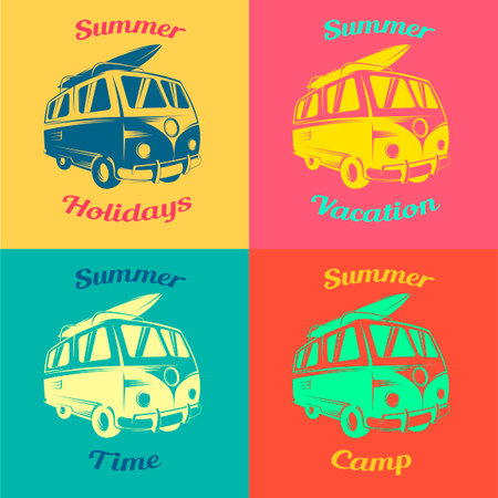 Bus with a surfboard on the roof.  The sign and symbol surfing transportation.のイラスト素材