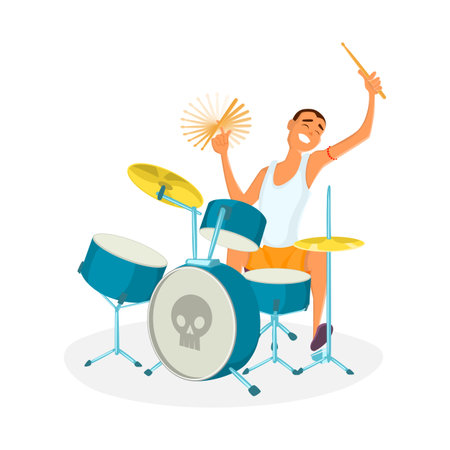 Drummer playing drums. Teenage drum player. Cartoon vector illustrationのイラスト素材