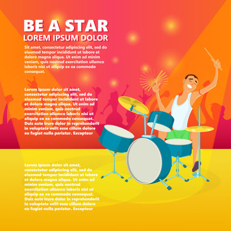 Drummer playing drums. Teenage drum player. Cartoon vector illustrationのイラスト素材