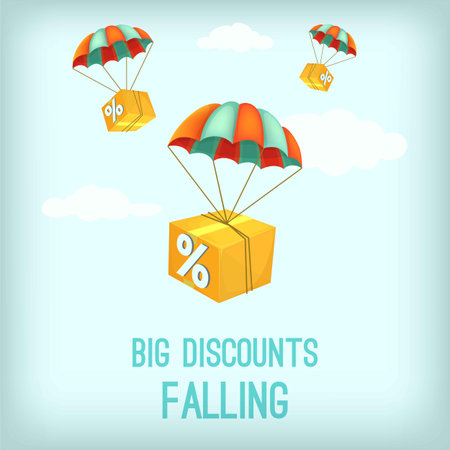 Big discount falling concept. Package flying on parachute. Air shipping. Delivery service. Carton vector illustration.のイラスト素材