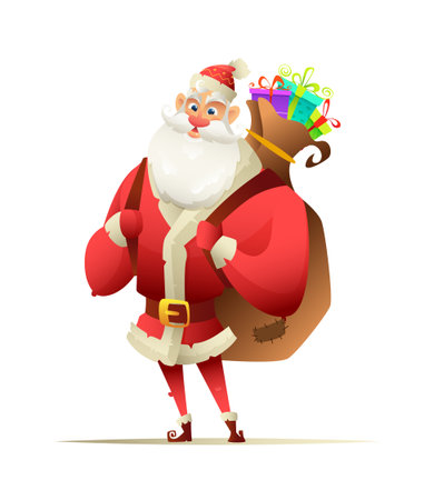 Jolly Santa standing and holding behind his back a large backpack with Christmas giftsのイラスト素材