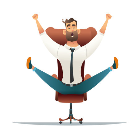 Excited business man with arms raised while sitting in cartoon style illustration.のイラスト素材