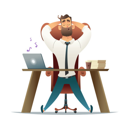 Businessman sitting relaxed in the workplace listening to music in cartoon style illustration.のイラスト素材