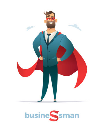 Businessman in red cloak or cape and eye mask, standing in a superhero pose.のイラスト素材