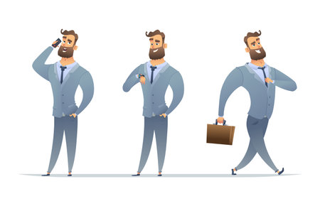 Businessman in different poses, talking on the phone, looking at his watch and walking. Set manager character in a cartoon style.のイラスト素材