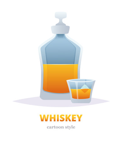 Bourbon whiskey bottle and glass with ice. Alcohol drink. Vector illustration in cartoon style.のイラスト素材