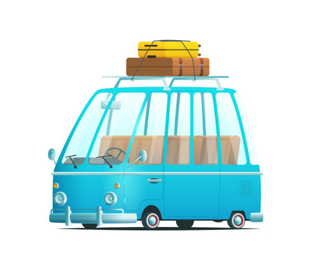 Holiday cartoon travel bus with luggage on the roof.のイラスト素材