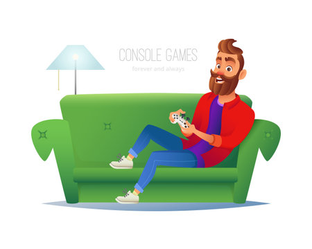 Smiling man playing video game console at home. Vector illustration with the hipster guy sits on sofa, holds game controller and watches TV. Room interior in flat style design.のイラスト素材