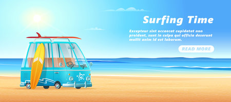 Surfing van on the sandy beach, sea waves and clear sunny day. Surf bus banner design.のイラスト素材