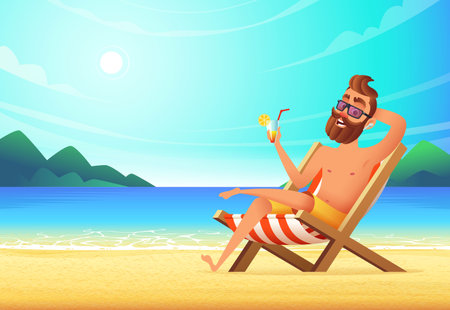 A man lies on a lounger on a sandy beach, drinks a cocktail and relaxes. Vacation at sea, vector illustration.のイラスト素材