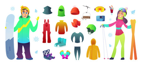 Ski and snowboarding collection icons equipment and funny characters design.のイラスト素材