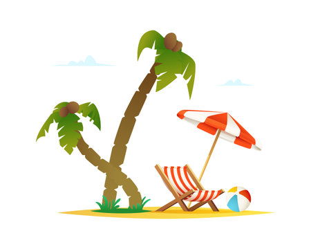 Summer beach concept with palm tree, chair, umbrella sand.のイラスト素材