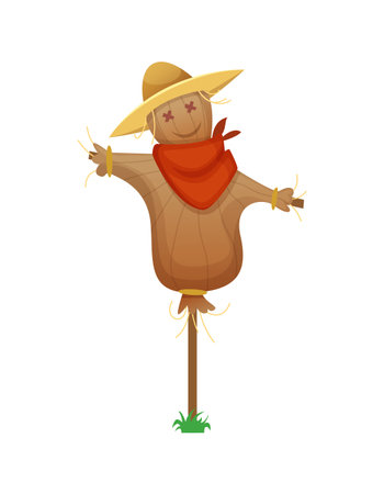 Scarecrow. Cartoon Stuffed Man in a Red Armband and Straw Hat.のイラスト素材
