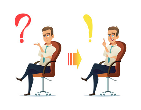 Concept illustration of the young businessman character thinking. The question always has an answerのイラスト素材