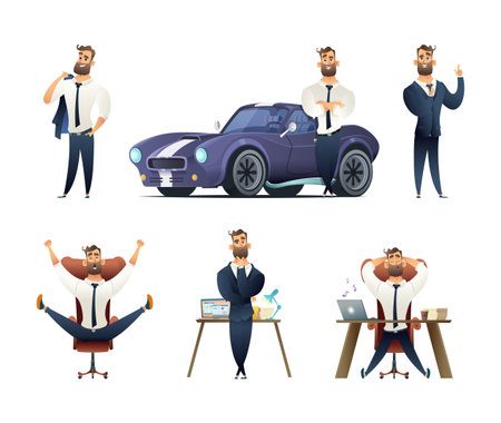 Charming beard businessman collection. Sucessfull man character. Set of Business man character in different situations.のイラスト素材