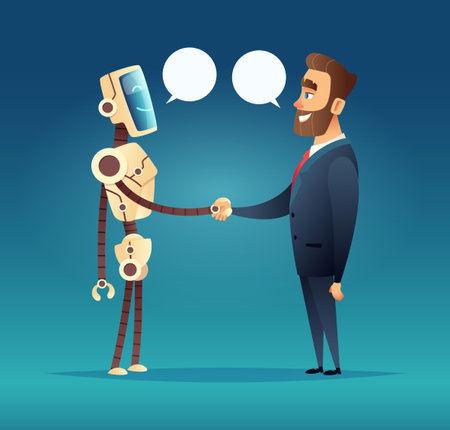 A robot and a man greeted. meeting of artificial intelligence and businessmanのイラスト素材