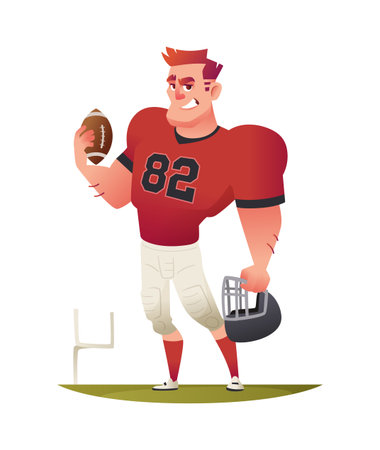 Funny cheerful american football player standing at the football field.のイラスト素材