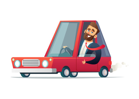 Joyful businessman driving a red car. Vector cartoon illustration.のイラスト素材