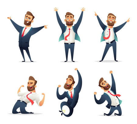 Collection of successful charming businessman  character in different dynamic poses. Business men rejoice in success. Manager enjoys the victor.のイラスト素材