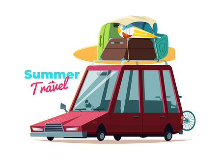 Summer travel car. Cartoon vector concept illustration. Family vacationのイラスト素材