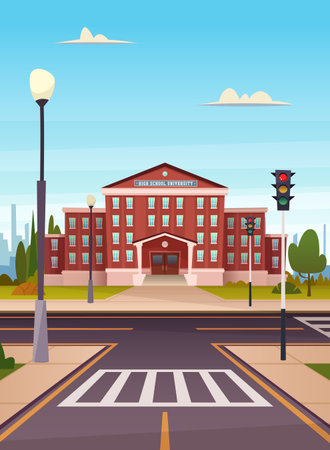 School building  with a pedestrian crossing the street. University modern concept illustrationのイラスト素材