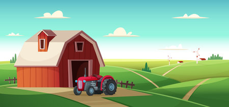 Colorful countryside landscape with a barn and tractor on the hill. Rural location. Cartoon modern vector illustration.のイラスト素材