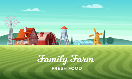 Colorful countryside landscape with a beautiful farm village. Rural location. Wheat field. Farm landscapeのイラスト素材