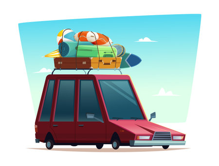 Cartoon modern retro illustration of traveling by car or summer camping.のイラスト素材
