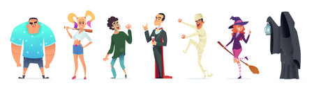 People in costumes for Halloween. Character design for a happy Halloween party. Vector illustrationのイラスト素材