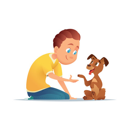Boy  walking with a dog. Friendship of the child and the dog. Vector illustrationのイラスト素材
