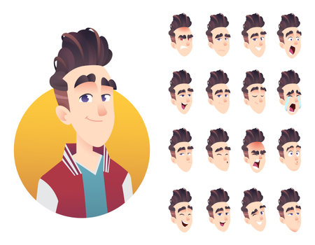 Young man emotions collection. Modern character exprassion  designのイラスト素材