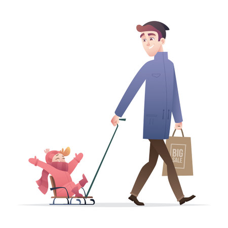 Father carrying child on sleigh, baby and dad spending time together during winter holidays, concept wintertime activities on snow.のイラスト素材
