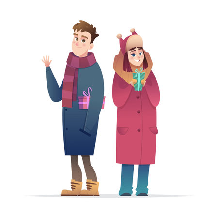 Pleased guy and cheerful girl hold gifts in their hands. Happy young people on a romantic date or moment. Teenagers give presents.のイラスト素材